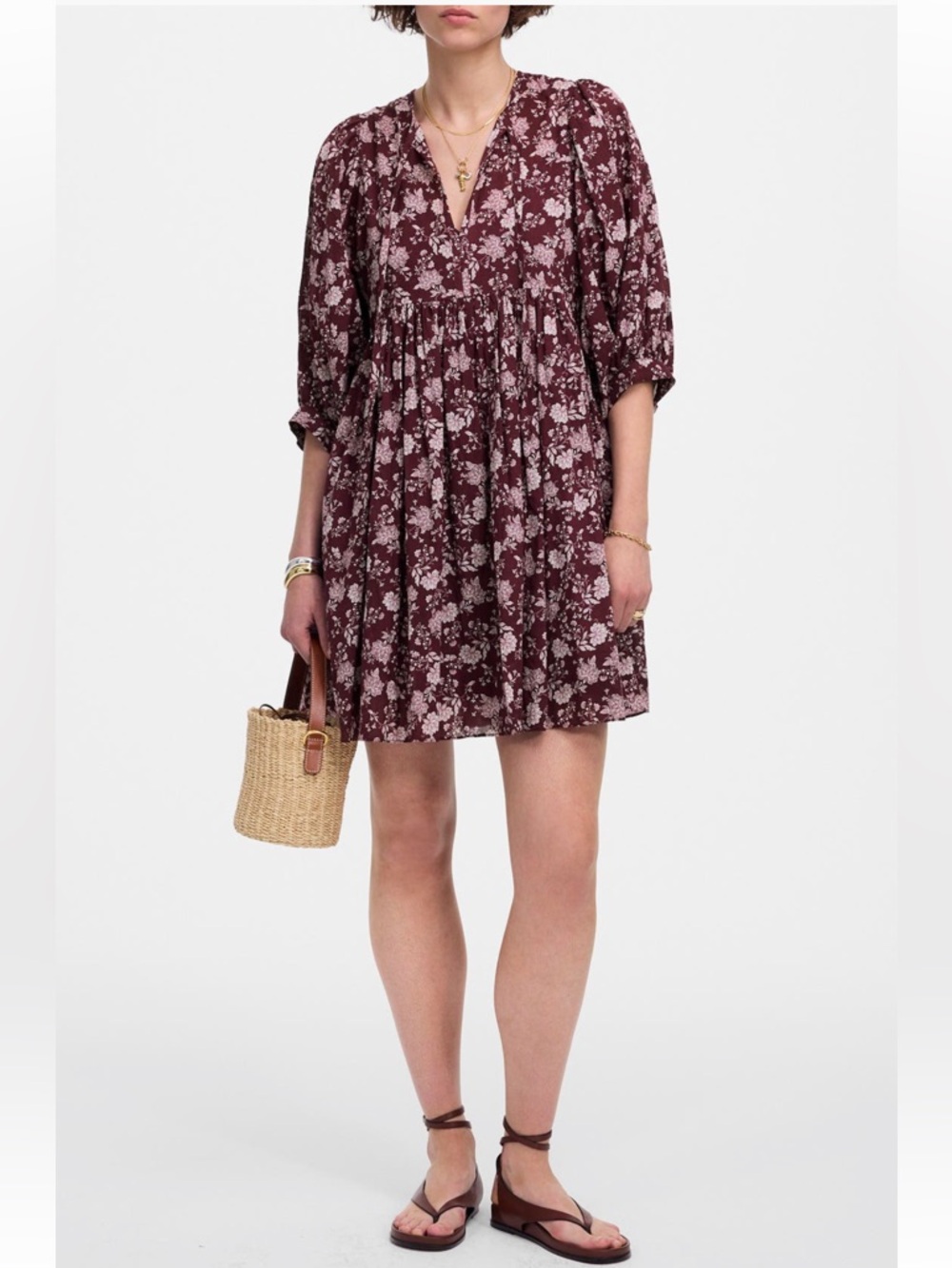 Madewell | Floral Split Neck Puff Sleeve Mini Dress - Small